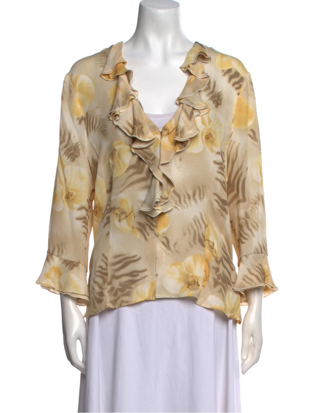 Escada Vintage Silk  Yellow Floral Ruffle V-Neck Blouse sz 36